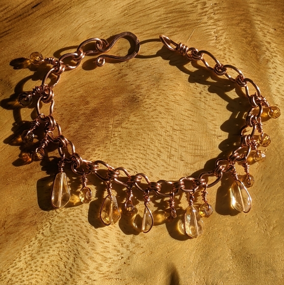Artisan Jewelry - Hand Crafted Bracelet Citrine Gemstone Adjustable Copper Chain